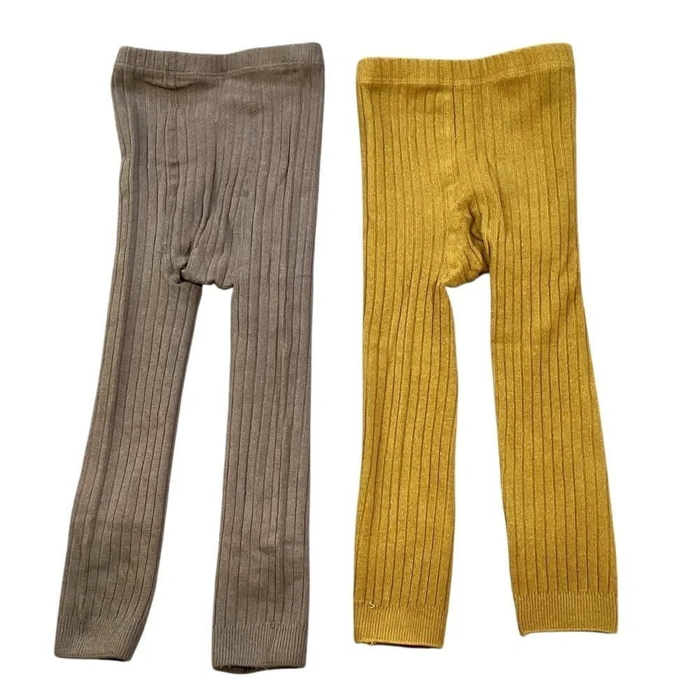 2‎ Pair Toddler Girl Warm Cotton Ribbed Footless Tights, Taupe Brown & Amber